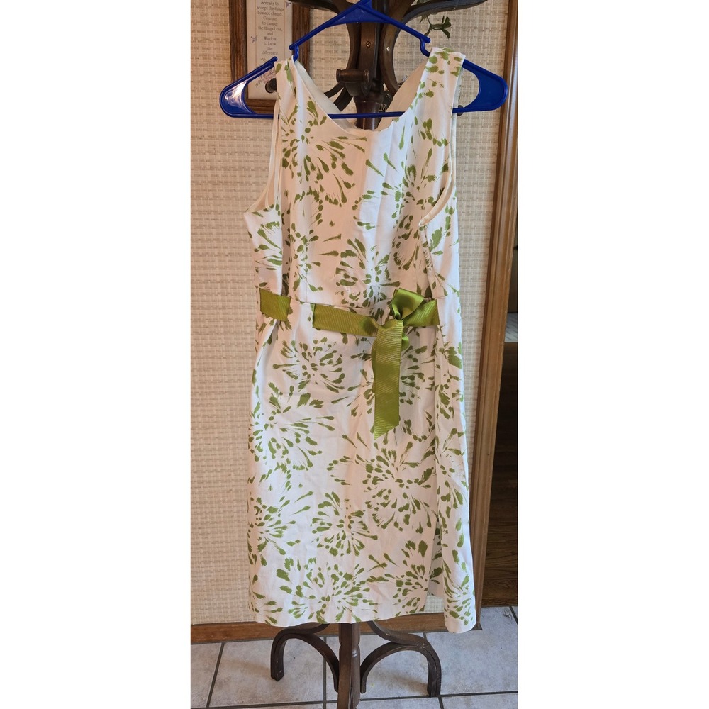 Jessica Howard Womens Size 14 White Green Floral Sheath Dress with Ribbon Belt